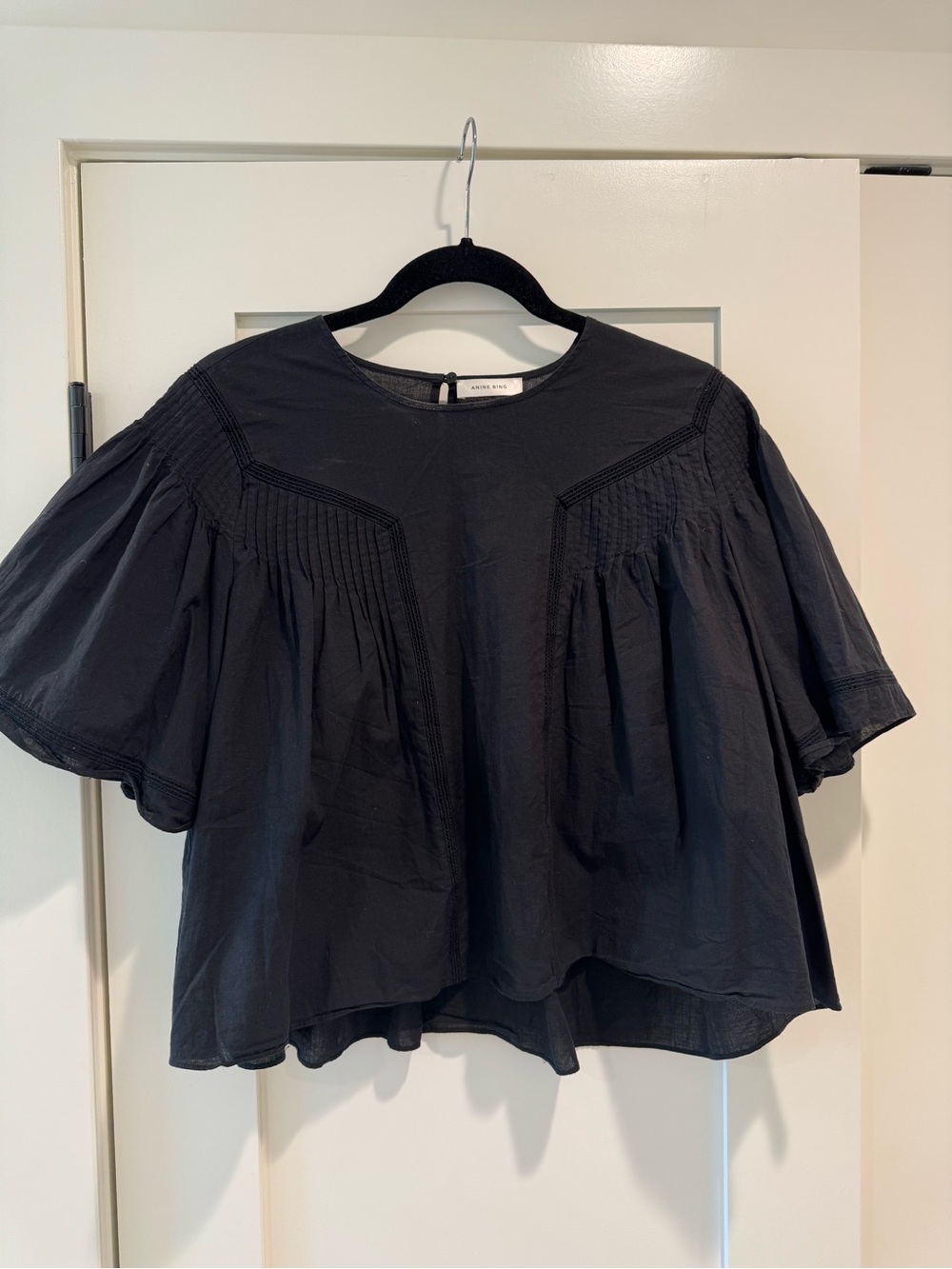 Anine Bing Black Pleated Short-Sleeve Top